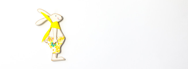 Easter background. Traditional  rabbit. Festive decoration isolated on white.Copy space for Text.