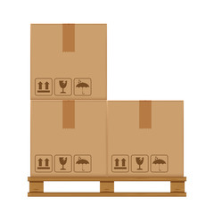 crate boxes three on wooded pallet, wood pallet with cardboard box in factory warehouse storage, flat style warehouse cardboard parcel boxes stack, packaging cargo, 3d boxes brown isolated on white