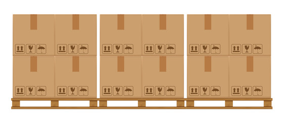 crate boxes on wooded pallet, wood pallet with cardboard box in factory warehouse storage, flat style warehouse cardboard parcel boxes stack, packaging cargo, 3d boxes brown isolated on white