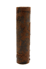 very dirty rusty water filter on white background