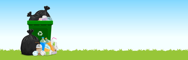 bin, lots of garbage bags plastic waste at grass floor, many trash bag plastic, many trash bottle paper box and glass plastic straws, lots of garbage bags plastic, pile garbage waste and copy space