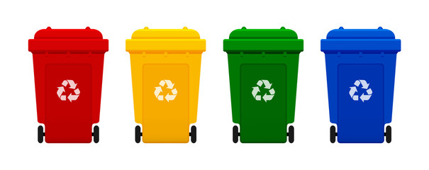 bin plastic, four colorful recycle bins isolated on white background, red, yellow, green and blue bins with recycle waste symbol, front view of four recycle bin plastic, 3r - obrazy, fototapety, plakaty