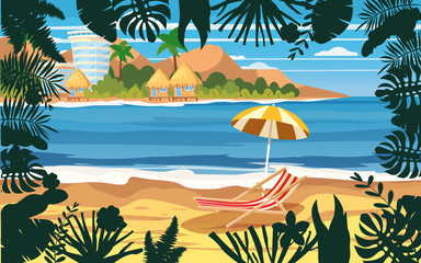 Fototapeta na wymiar Time to travel ocean sea beach, coast, palm leaves umbrella, beach chair