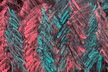 green and pink diagonal lines, like Christmas trees, are drawn with chalk on black board