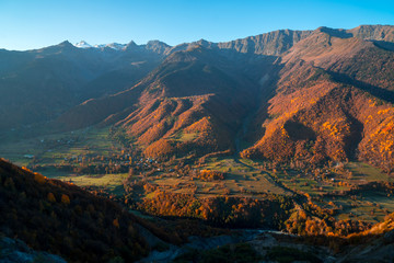 colorful trees in the mountains of Svaneti in the fall. Beautiful landscape