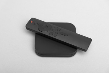 TV set-top box for ip tv and digital video content on a gray background. Digital TV on gray background.