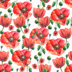 Seamless floral pattern of red poppies and green leaves on white background. Hand-drawn watercolor.Design of fabric, Wallpaper, textiles, covers, packaging.