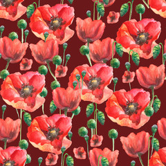 Seamless floral pattern of red poppies and green leaves on a red-brown background. Hand-drawn watercolor.Design of fabric, Wallpaper, textiles, covers, packaging.