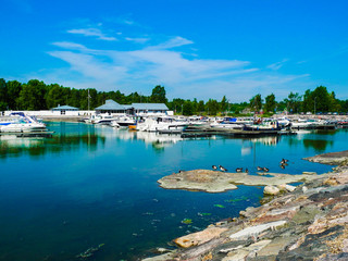 Helsinki, Finland. A lot of boats and yachts, beautiful lake panorama. Bright summer day with blue sky.         