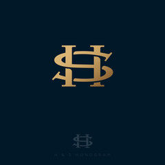 S and H letters. S, H monogram consist of intertwined lines. Gold letters combined, isolated on a dark background. Web, UI icon. 