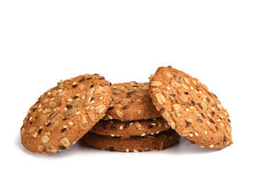Oatmeal cookies with cereals isolated on white background. Sweet dessert.