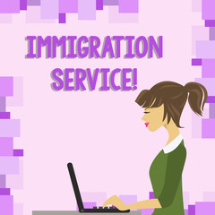 Word writing text Immigration Service. Business photo showcasing responsible for law regarding immigrants and immigration photo of Young Busy Woman Sitting Side View and Working on her Laptop