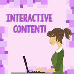 Word writing text Interactive Content. Business photo showcasing It requires the participants active engagement photo of Young Busy Woman Sitting Side View and Working on her Laptop