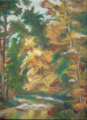 An autumn landscape in the forest with yellow and green trees and a river painted with oil paints