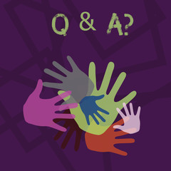 Word writing text Q And A Question. Business photo showcasing in which demonstrating asks questions and another one answers them Color Hand Marks of Different Sizes Overlapping for Teamwork and