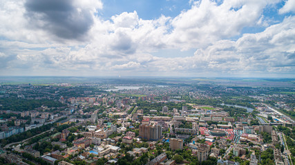 Fototapeta na wymiar The city of Rivne under the clouds, an air shot