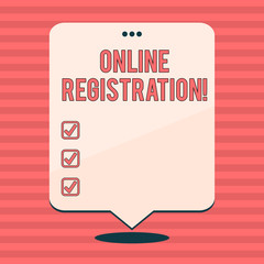 Writing note showing Online Registration. Business concept for registering via the Internet as a user of a product Blank White Speech Balloon Floating with Punched Hole on Top