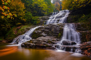 Autumn colors with waterfall and leaves