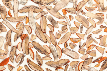 Tabletop view forest mushrooms - orange cup scaber stalk - cut to thin slices, leaved on white paper to dry