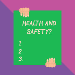 Obraz premium Conceptual hand writing showing Health And Safety Question. Concept meaning regulations and procedures to prevent accident or injury