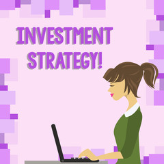 Word writing text Investment Strategy. Business photo showcasing the systematic plan to allocate investable assets photo of Young Busy Woman Sitting Side View and Working on her Laptop