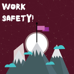 Word writing text Work Safety. Business photo showcasing policies and procedures in place to ensure health of employees Three High Mountains with Snow and One has Blank Colorful Flag at the Peak