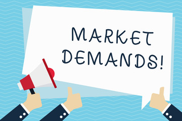 Conceptual hand writing showing Market Deanalysisds. Concept meaning Gather facts about situations that affect marketplace Hand Holding Megaphone and Gesturing Thumbs Up Text Balloon