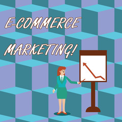 Handwriting text E Commerce Marketing. Conceptual photo business that sells product or service electronically Businesswoman Holding Stick Pointing to Chart of Arrow Upward on Whiteboard