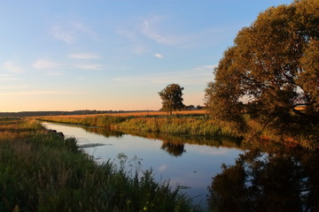 beautiful river field at sunset. beautiful sunset. trees near the river at sunset red and orange. picnic in nature near the river in the evening. the multi-colored sky.