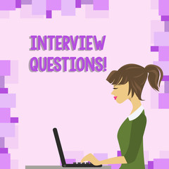 Word writing text Interview Questions. Business photo showcasing Typical topic being ask or inquire during an interview photo of Young Busy Woman Sitting Side View and Working on her Laptop
