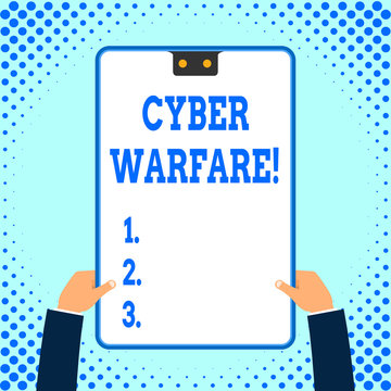 Text sign showing Cyber Warfare. Business photo text activity of using the internet to attack a country s is computers