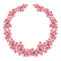 Fototapeta premium wedding invite template. Spring wreath of blooming branches. Floral wreath with pink flowers and leaves. Frame border with copy space. eps10