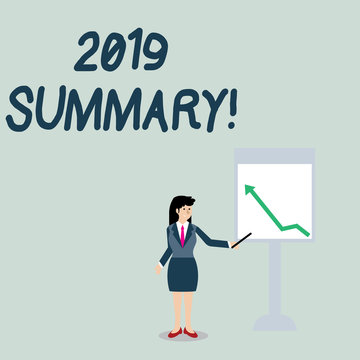 Conceptual hand writing showing 2019 Summary. Concept meaning summarizing past year events main actions or good shows Woman Holding Stick Pointing to Chart of Arrow on Whiteboard