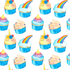 Magic seamless pattern with unicorn, cupcakes, and rainbow. Watercolor illustration. Isolated on a white background.