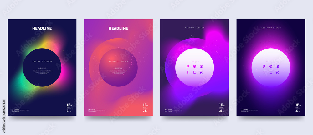 Poster Vector colorful neon poster set. Circle shape with neon splash. Abstract background with liquid gradient. Fantastic eclipse. Applicable for banner design, cover, invitation, party flyer.