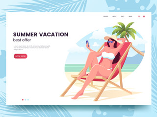 Summer vacation offer design. Woman with smartphone relaxing on the beach. Summer web page template. Travel agency advertising concept. Flat style. Vector illustration.
