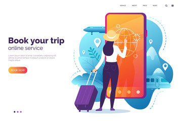 Online booking service vector illustration. Woman with luggage book travel on the smartphone. Trip planning. Online reservation of plane and train tickets. Concept for website or mobile app. - obrazy, fototapety, plakaty