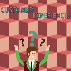 Writing note showing Customer Experience. Business concept for product of interaction between organization and buyer Businessman Raising Both Arms with Question Marks Above Head