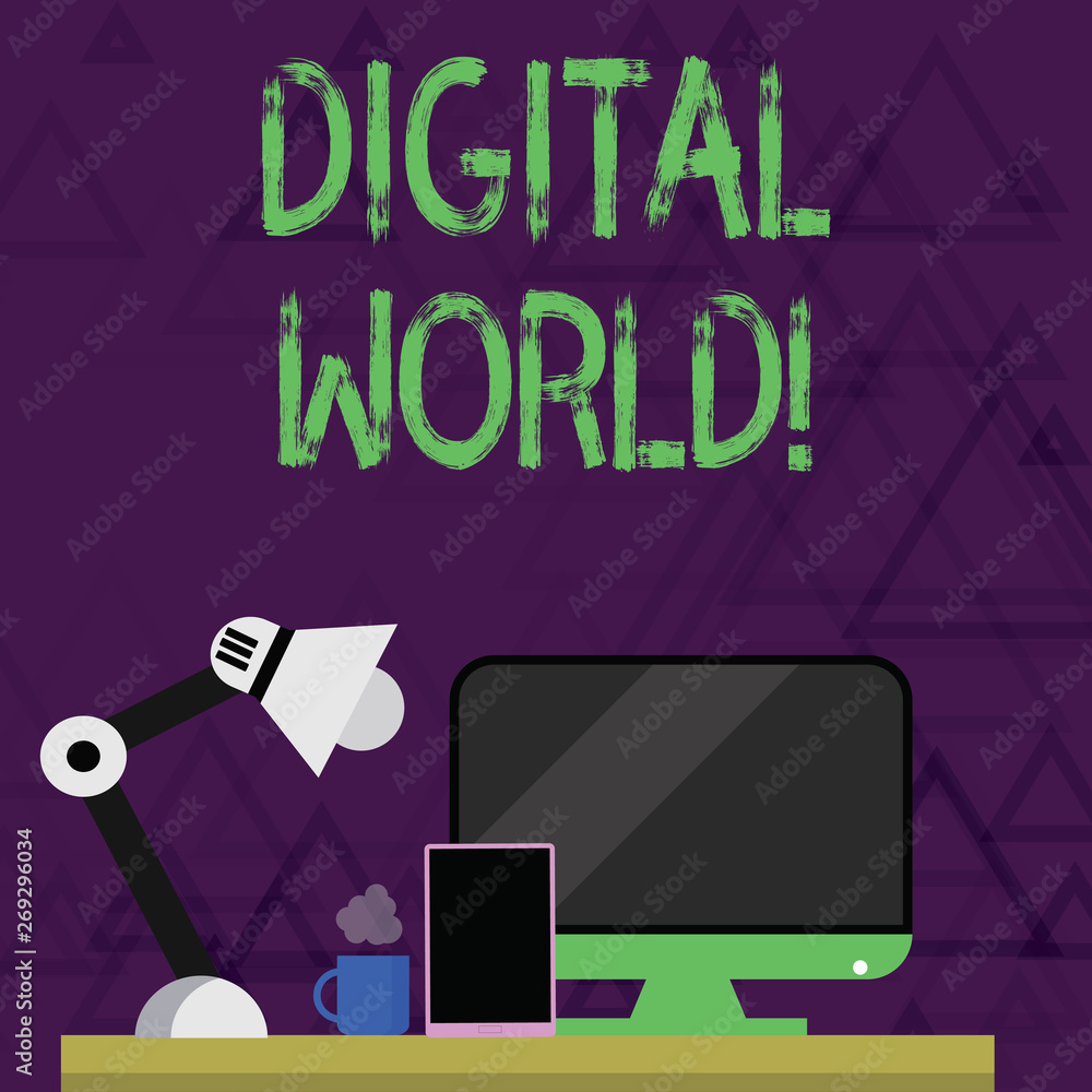 Poster writing note showing digital world. business concept for inter connected through digital devices and