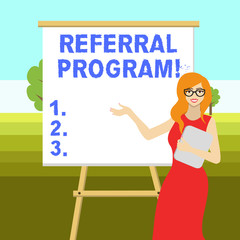 Conceptual hand writing showing Referral Program. Concept meaning internal recruitment method employed by organizations