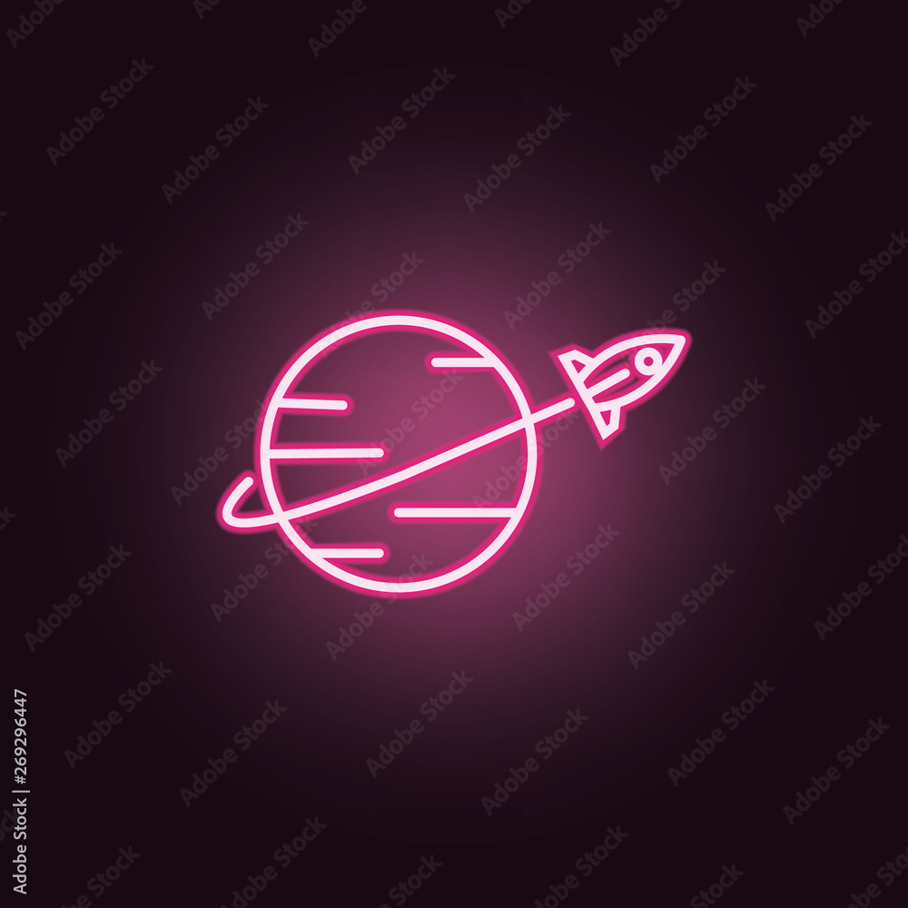 Poster rocket fly around world neon icon. elements of space set. simple icon for websites, web design, mobi