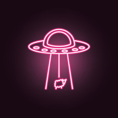 Fototapeta na wymiar Alien ship steal sheep neon icon. Elements of Space set. Simple icon for websites, web design, mobile app, info graphics