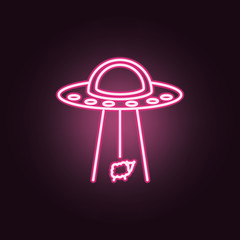 Alien ship steal sheep neon icon. Elements of Space set. Simple icon for websites, web design, mobile app, info graphics