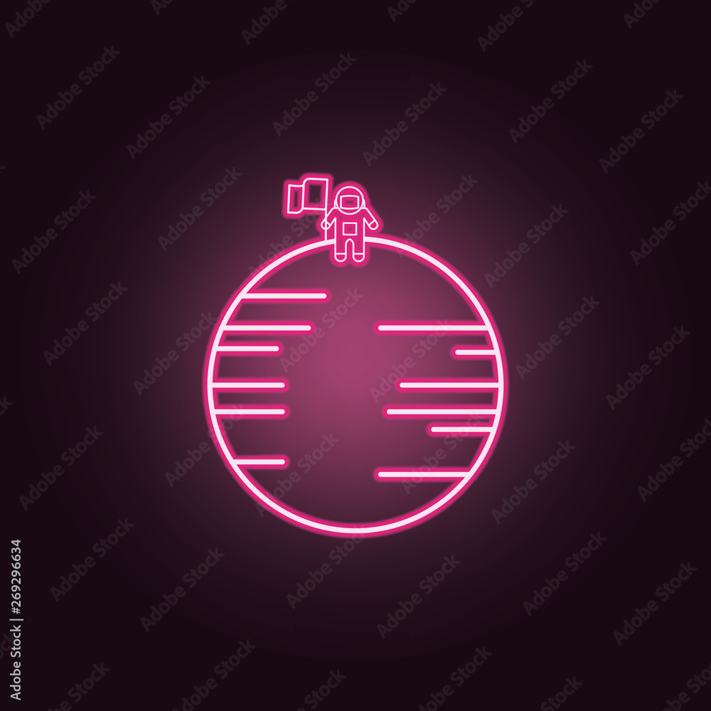 Poster astronaut stand on the moon with a flag neon icon. elements of space set. simple icon for websites, 