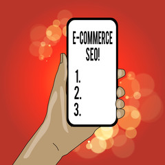 Writing note showing E Commerce Seo. Business concept for making your online store more visible in the search engine