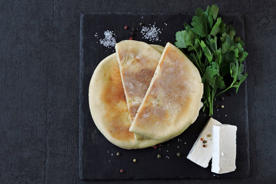Flapjack with cheese and parsley.