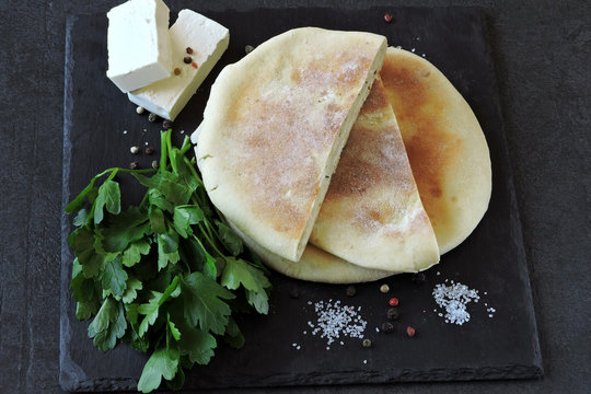 Flapjack with cheese and parsley.