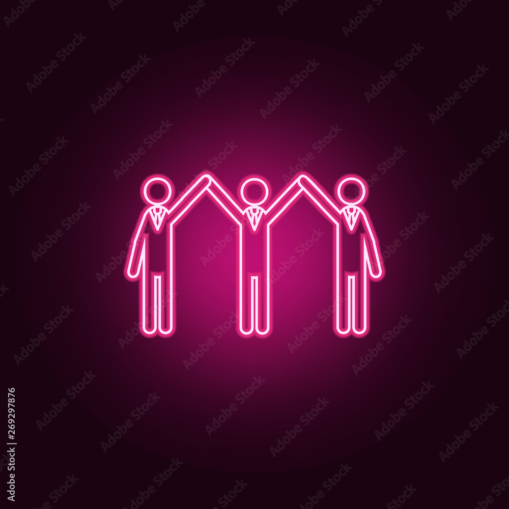 Poster three with arms raised neon icon. elements of team work set. simple icon for websites, web design, m