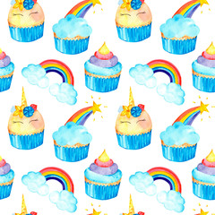 Magic seamless pattern with unicorn, cupcakes, and rainbow. Watercolor illustration. Isolated on a white background.