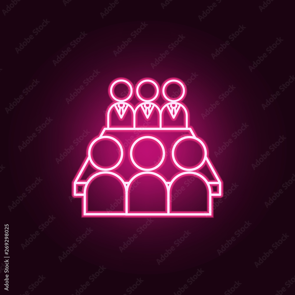 Poster the team sits at the table neon icon. elements of team work set. simple icon for websites, web desig